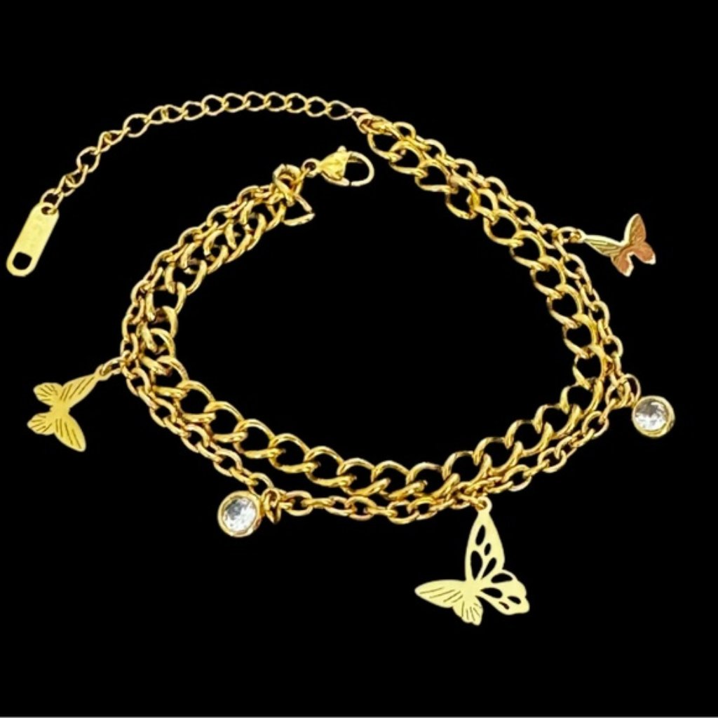 Beautiful 18k Gold Plated Double Strand Bracelet With Butterflies